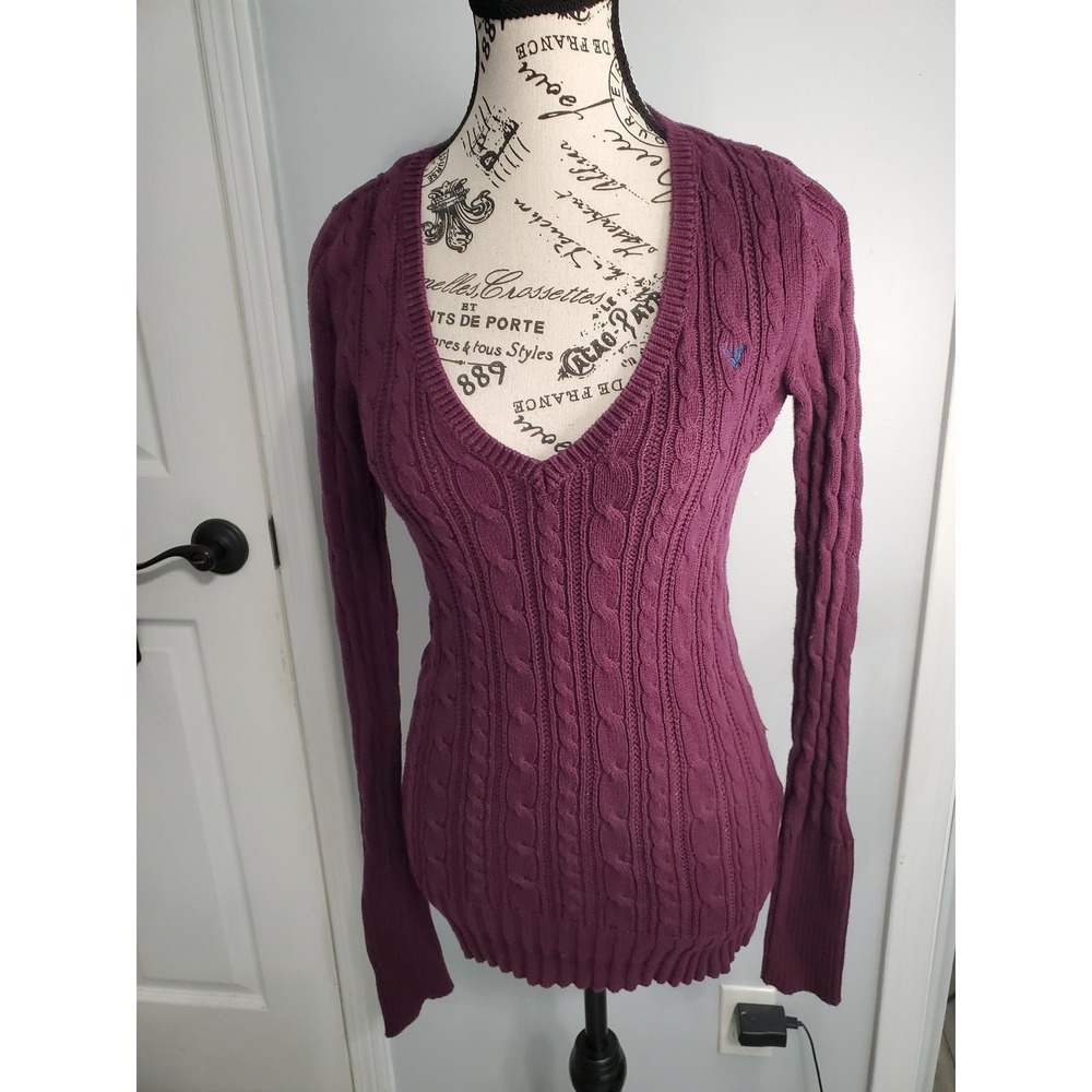 American Eagle Womens XS Purple Cable Knit V-Neck Cotton Sweater Long Sleeve